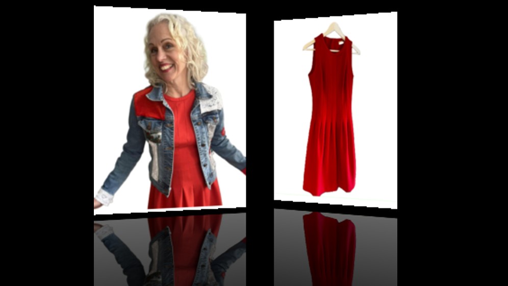 Röd romantik i denim med spets, paljetter och invävda minnen