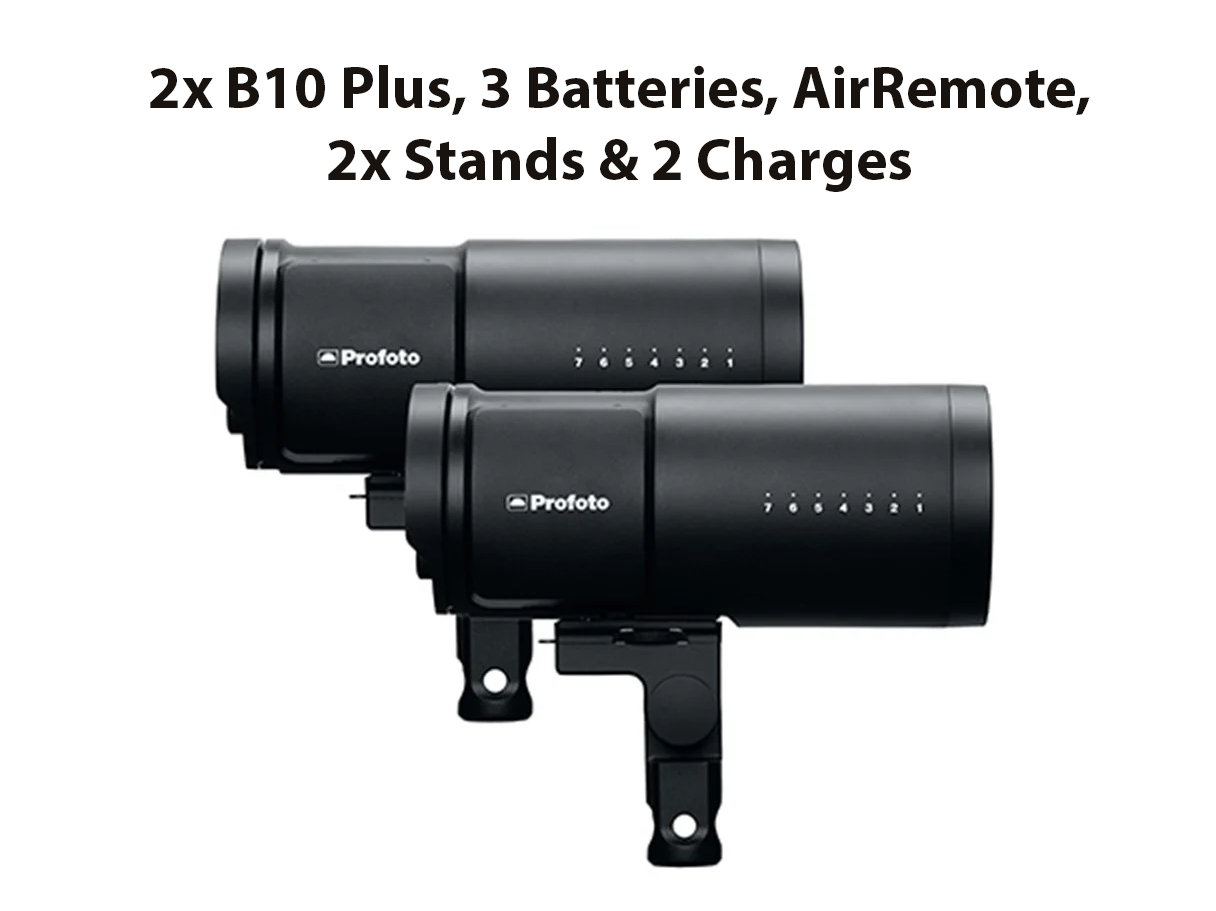 Profoto b10 plus (500w) 2x heads kit (inc 2 stands, batteries & air remote/trigger)
