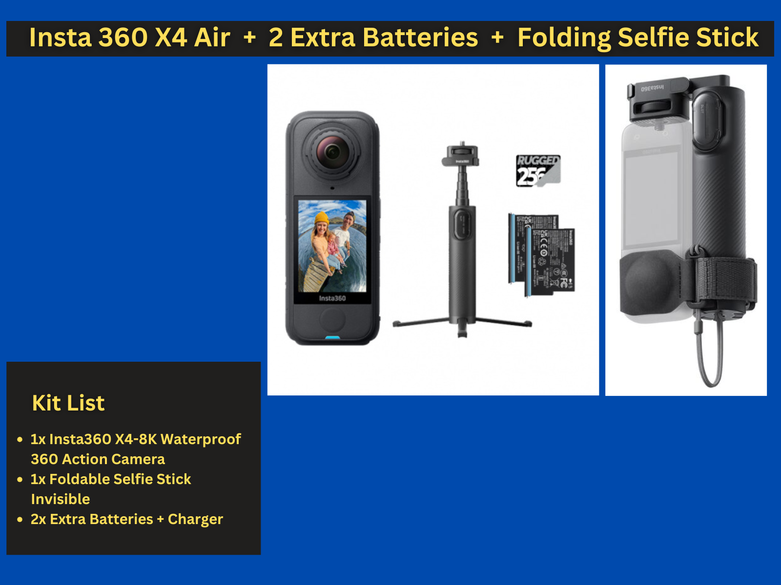  insta360 x4-8k waterproof 360 action camera + foldable selfie stick invisible + 2x extra batteries + charger