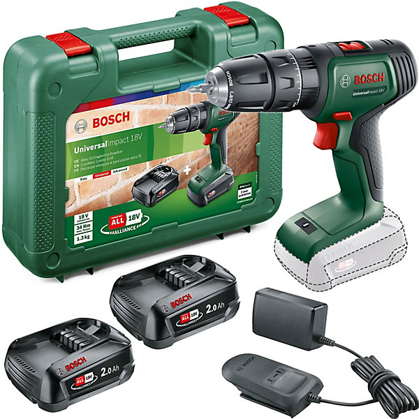 Bosch 18v cordless drill + 2 batteries + complete diy bit & accessory set
