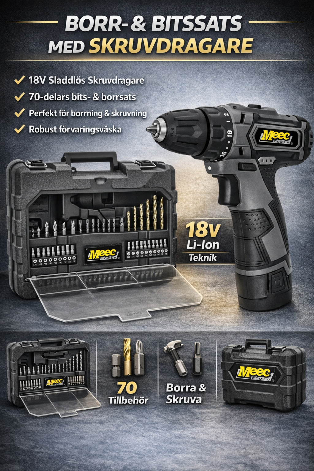 Meec tools batteridriven borrskruvdragare och 70 tillbehör borr och bits