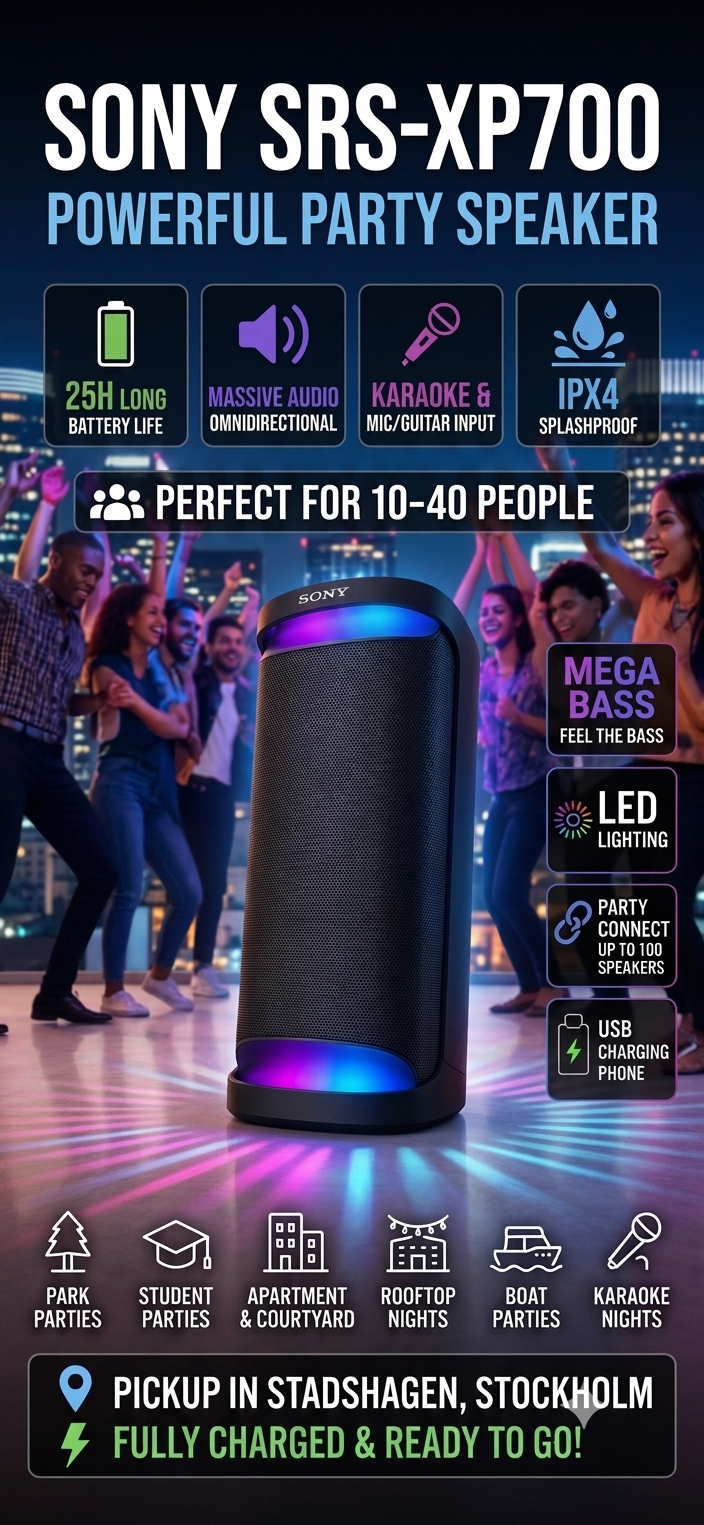 🎉 kraftfull partyhögtalare för upp till 40 personer | sony srs-xp700 | 25 h batteri | bluetooth & karaoke | stadshagen