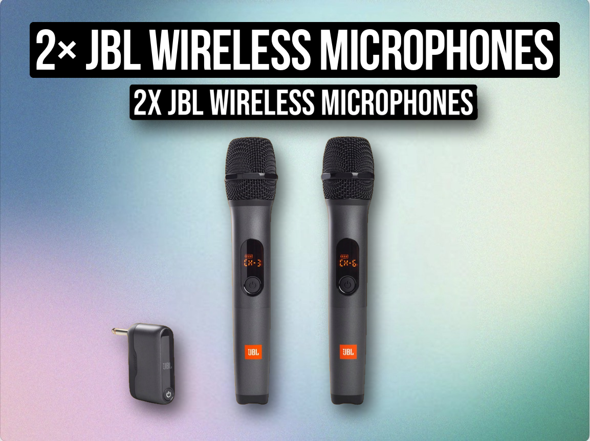 2× jbl wireless microphones + receiver | handheld wireless mic set | cordless microphone system (like “wireless mic kit”)