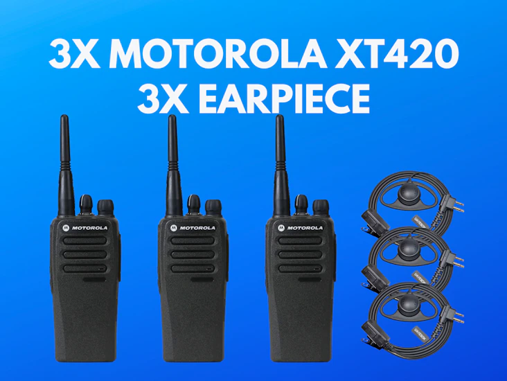 3x motorola xt420 walkie talkie radio + 3x earpieces