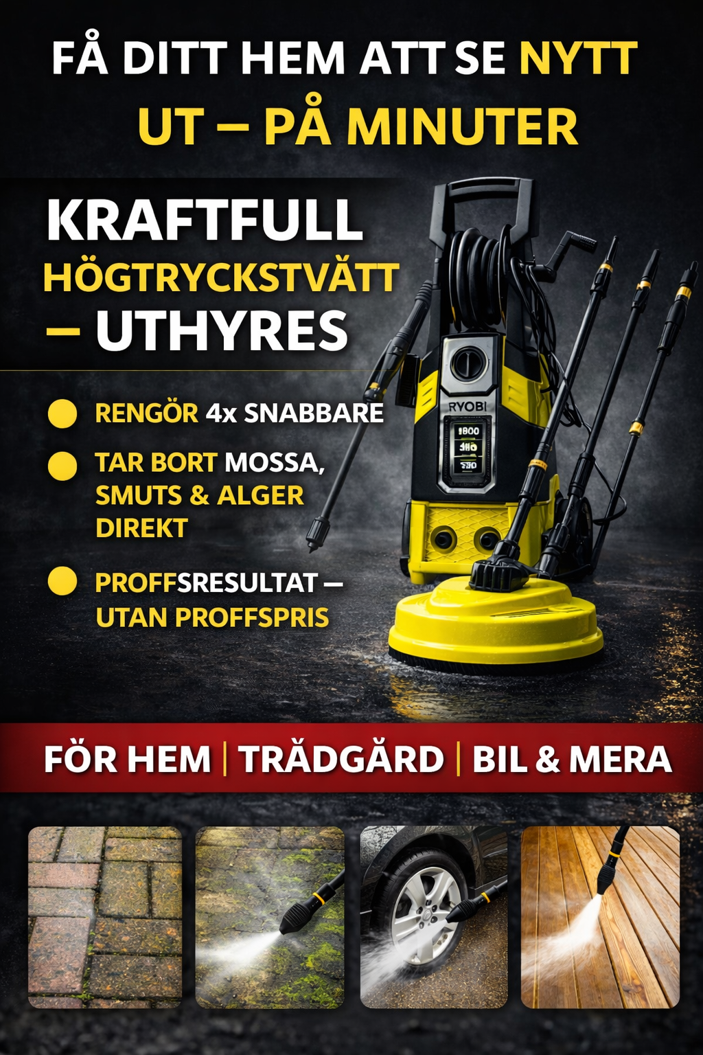 Högtryckstvätt ryobi 130 bar – komplett kit för altan, uppfart & bil