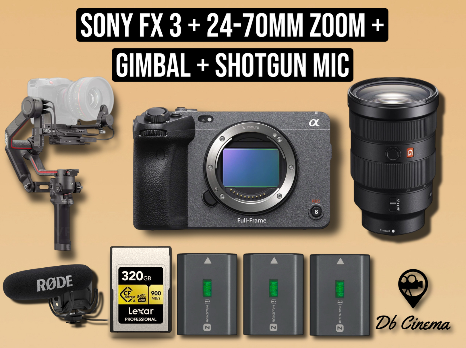 Sony fx3 fx 3 cinema full frame camera + sony 24-70 mm f2.8 zoom lens + dji rs 2 pro ronin gimbal + rode pro shotgun mic microphone audio recorder