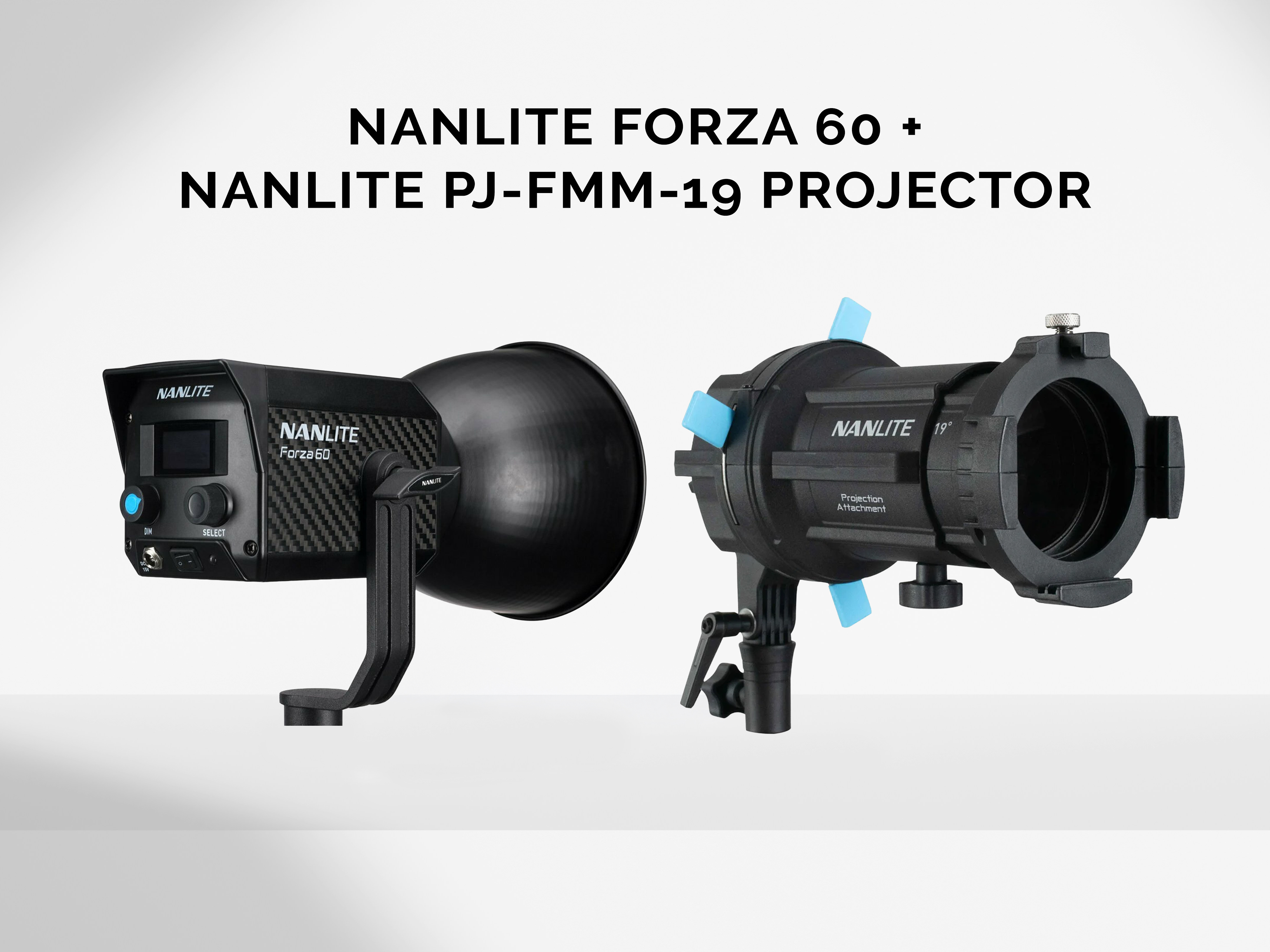 Nanlite forza 60 led light with pj-fmm-19 projection spotlight gobo attachment