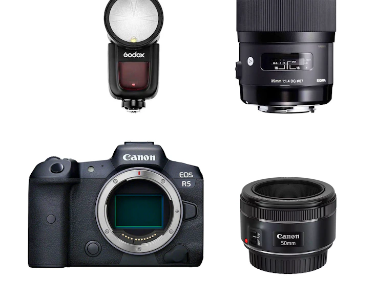 Canon r5 with godox v1-c flash, sigma 35mm f1.4 and canon 50mm f1.8 (with rf to ef mount)
