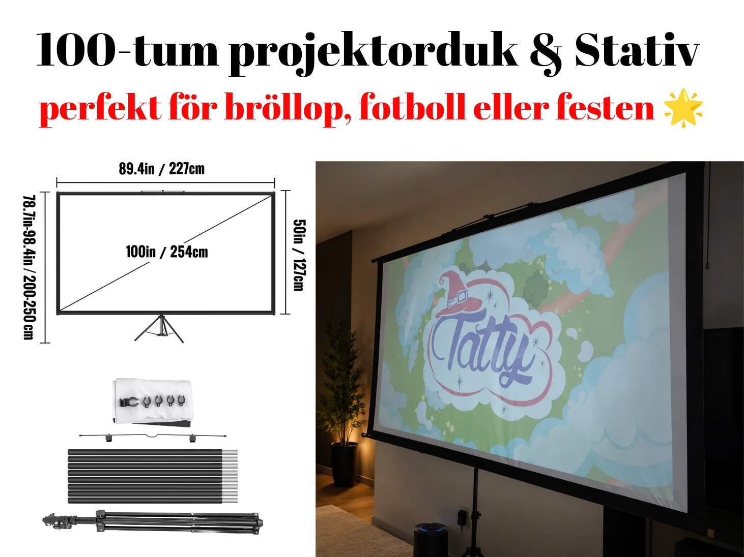 #3 🎬 portabel projektorduk med stativ – stor bild för film, sport & event