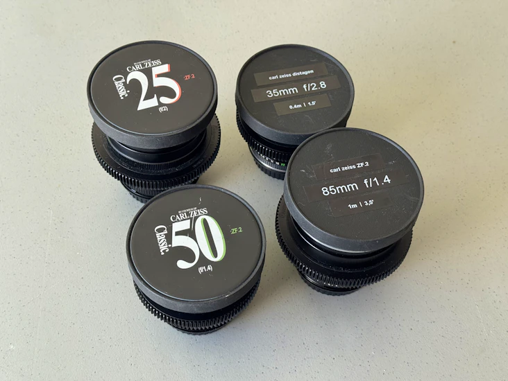 Zeiss distagon/planer primes - 25, 35, 50, 85 - cine modded ef (with canon ef to sony e adaptor)