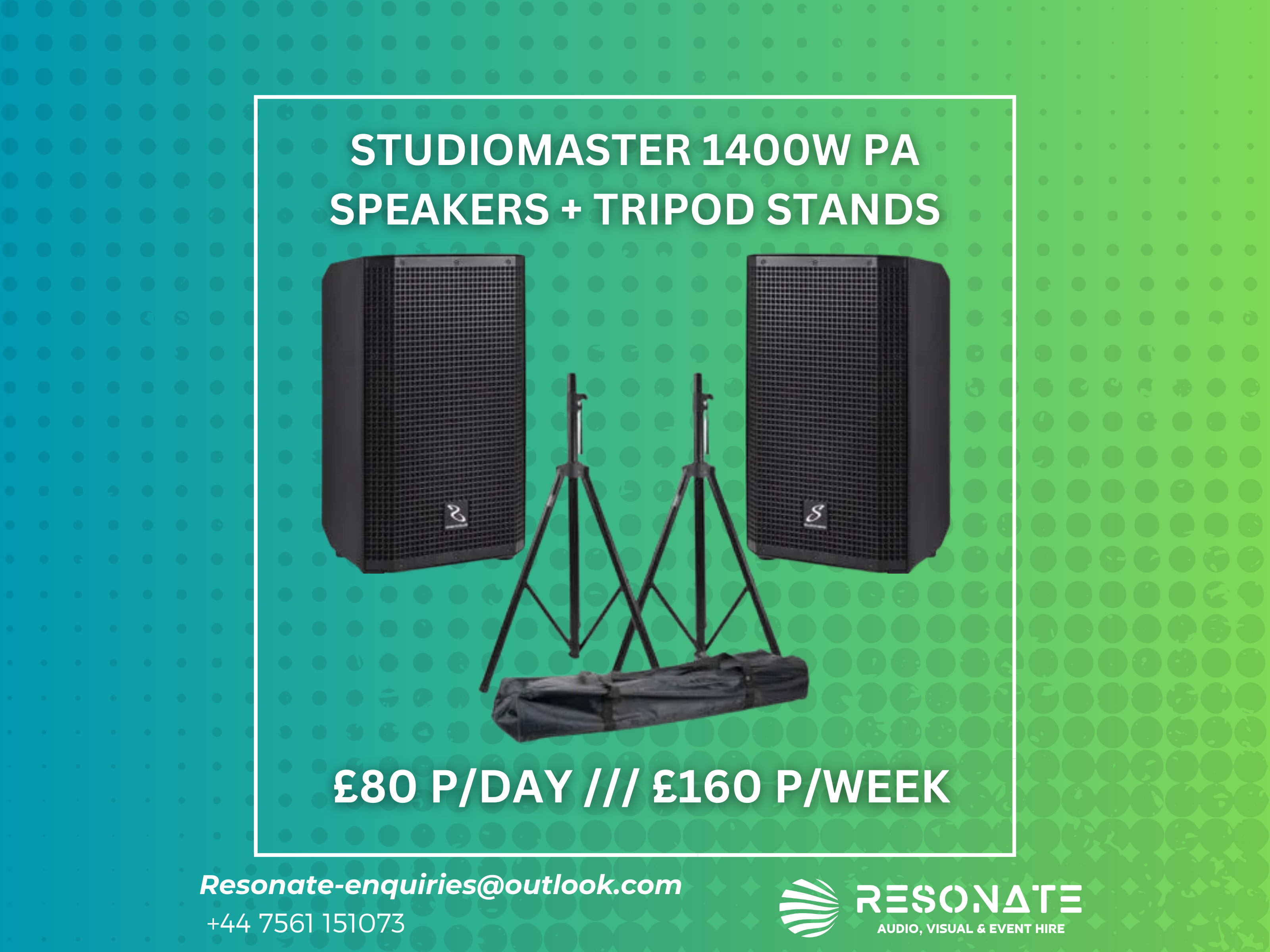 Studiomaster 1400w pa  speakers + tripod stands
