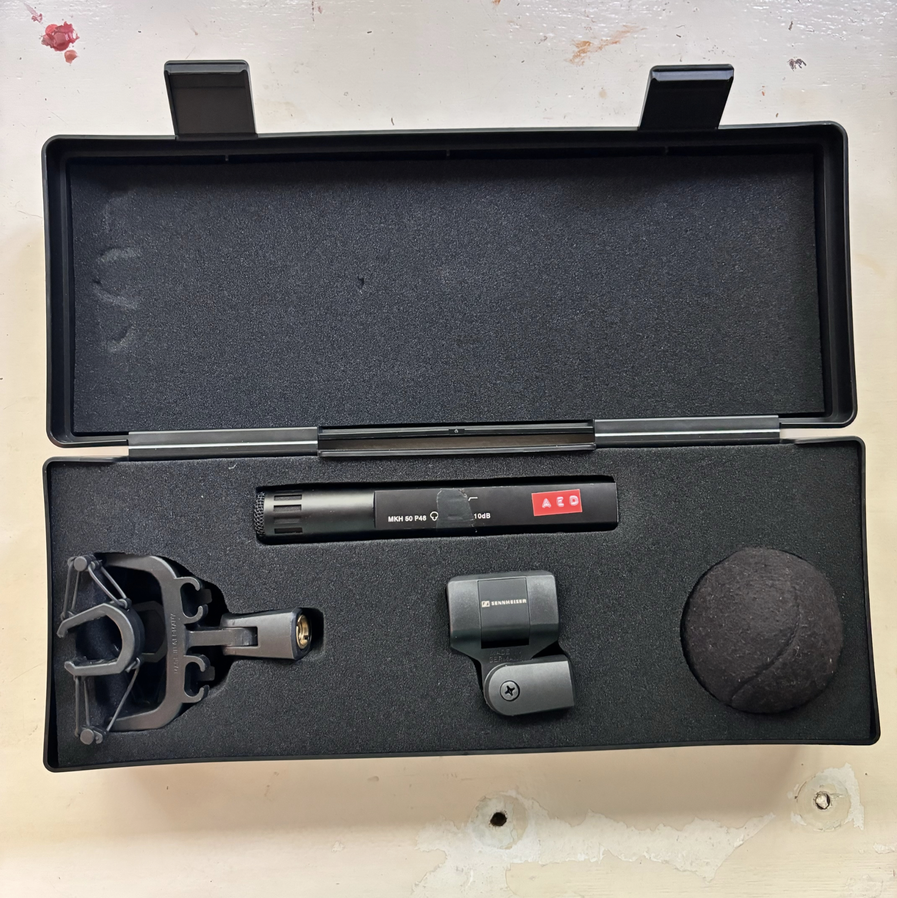 2 x sennheiser mkh50 indoor microphone, shock mount & wind protection 