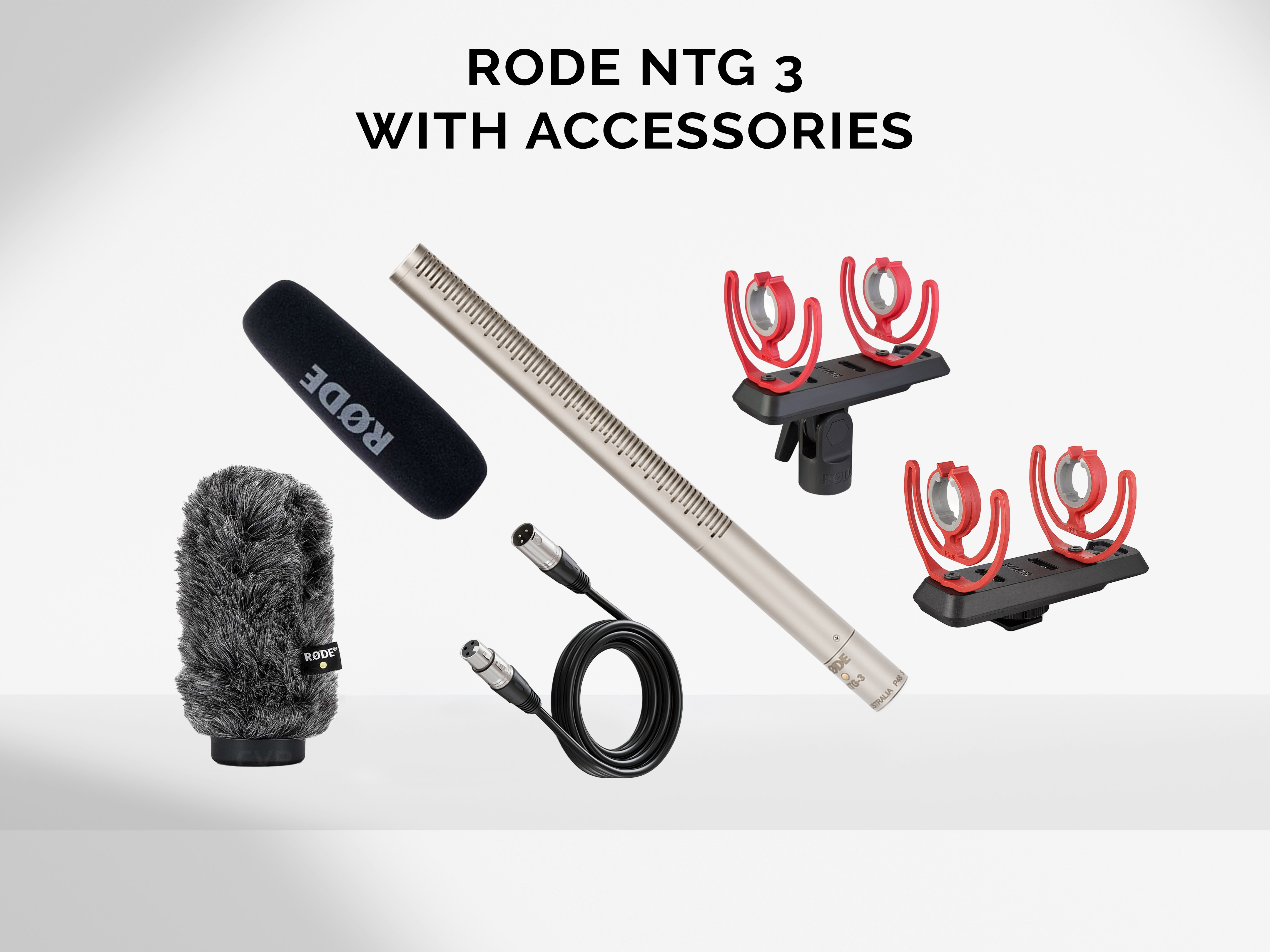 Rode ntg-3 shotgun microphone with xlr cable and rycote shock mount accessories