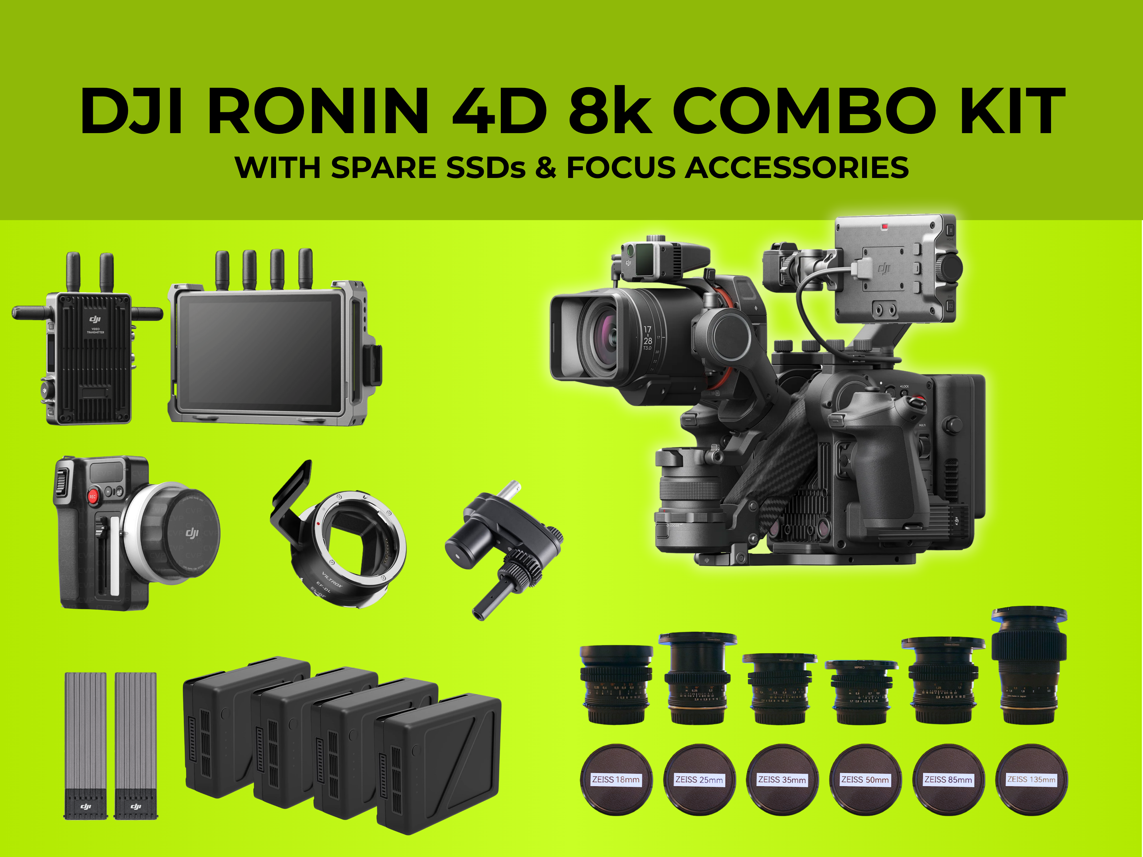Dji ronin 4d 8k, contax zeiss lens set, focus, monitor