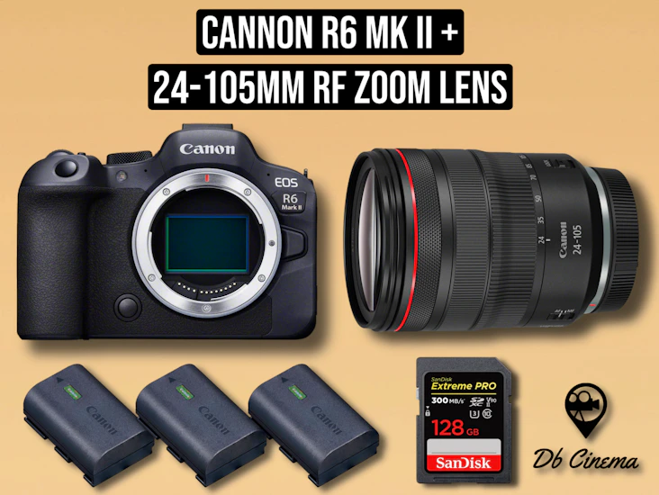 Cannon r6 mk ii camera + 24-105 mm zoom lens rf + 3x batteries + sd card