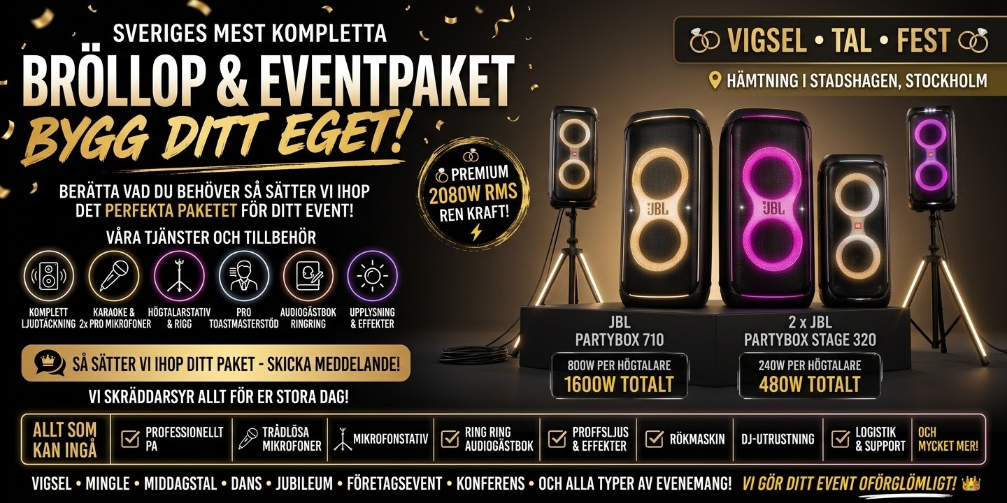 Komplett event- & bröllopspaket | 4 jbl högtalare + mikrofoner + stativ  ca 300p