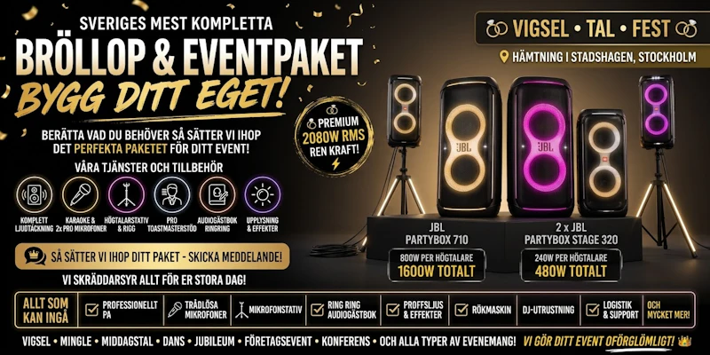 Komplett event- & bröllopspaket – 4 JBL-högtalare, ca 300 pers