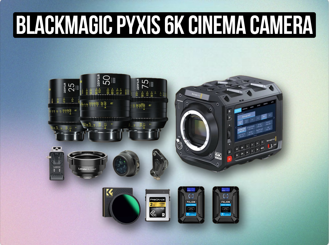 Blackmagic pyxis 6k cinema camera set | full frame raw video kit + 25mm / 50mm / 75mm cinema primes + accessories (like bmpcc 6k pro / red komodo) 