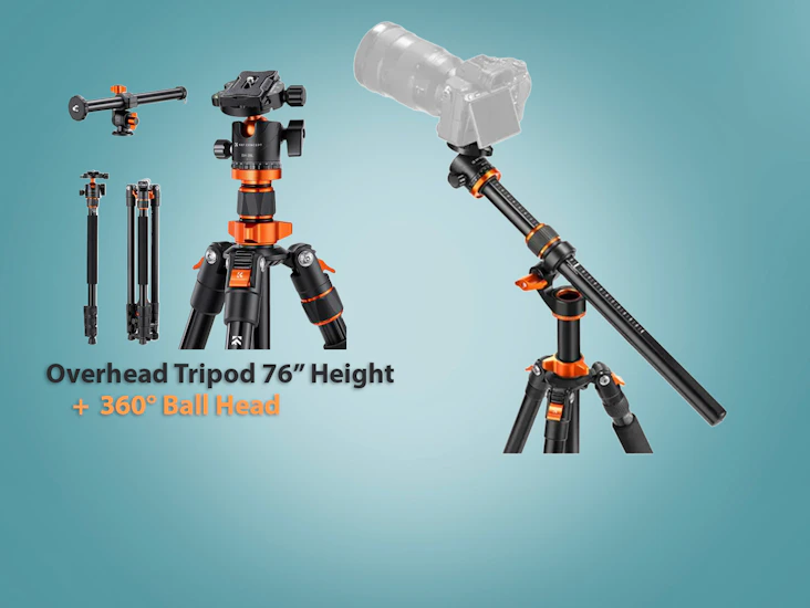Overhead tripod 76” height + 360° ball head + extension arm
