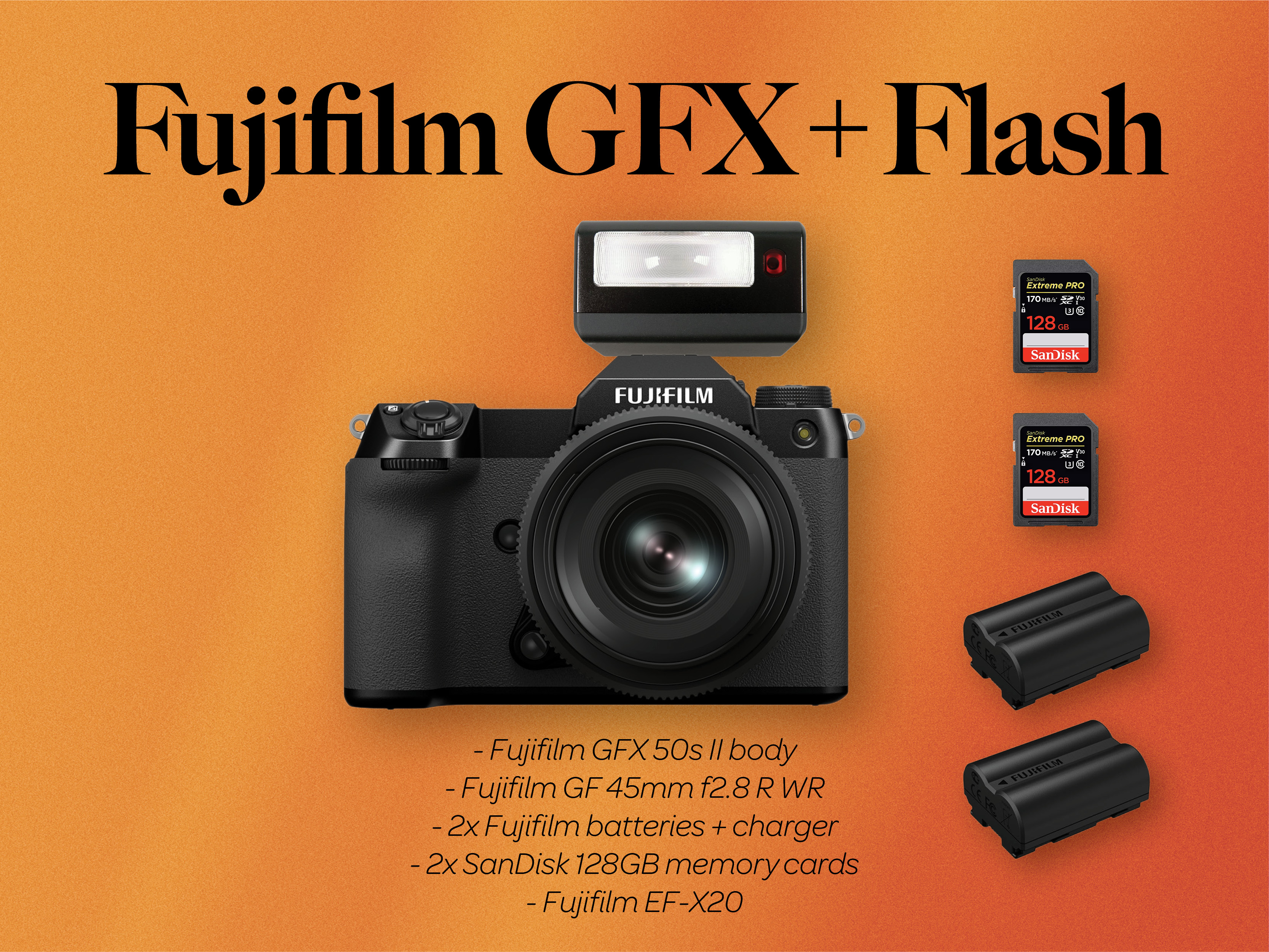 Fuji fujifilm gfx 50s ii + gf 45mm f2.8 + ef-x20 flash