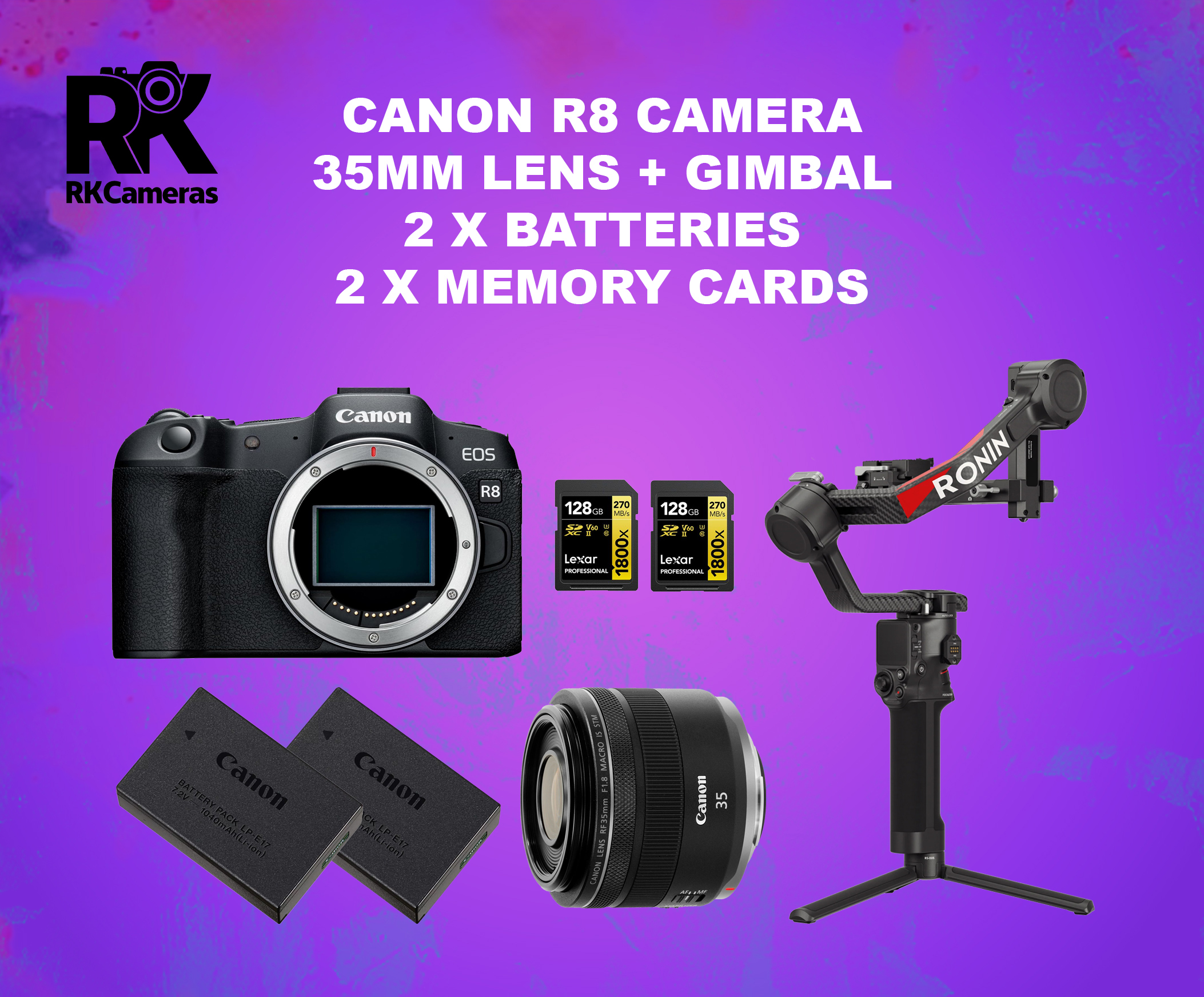 Canon r8 + rf 35mm or 50mm lens + dji rs4 pro gimbal