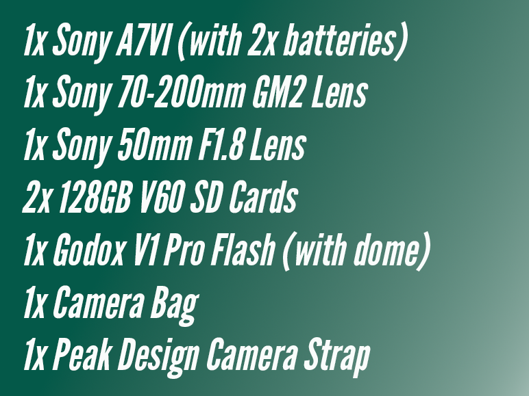 Wedding photography kit - sony a7vi + sony 70-200 gm2 + sony 50mm f1.8 + godox flash