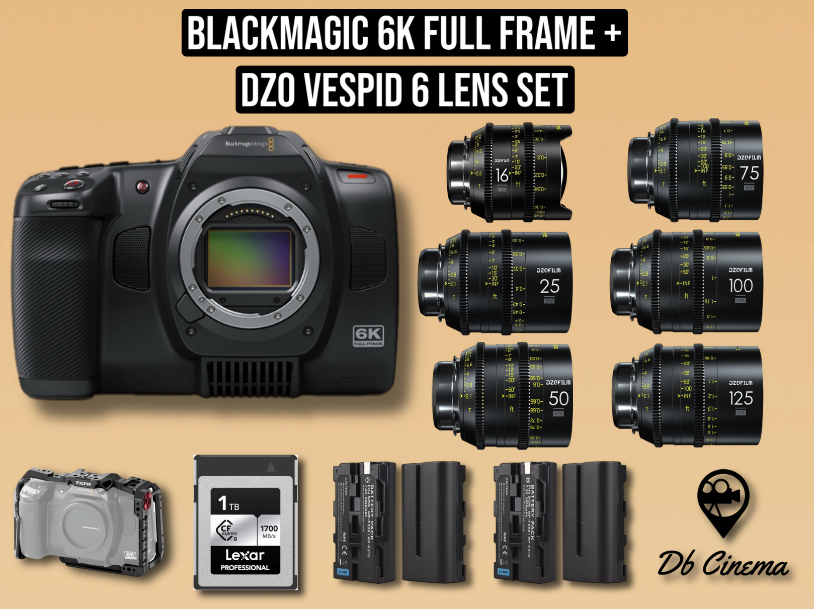 Blackmagic full frame 6k cinema camera bmpcc + dzo vespid prime 6x lens set 16,25,50,75,100,125mm