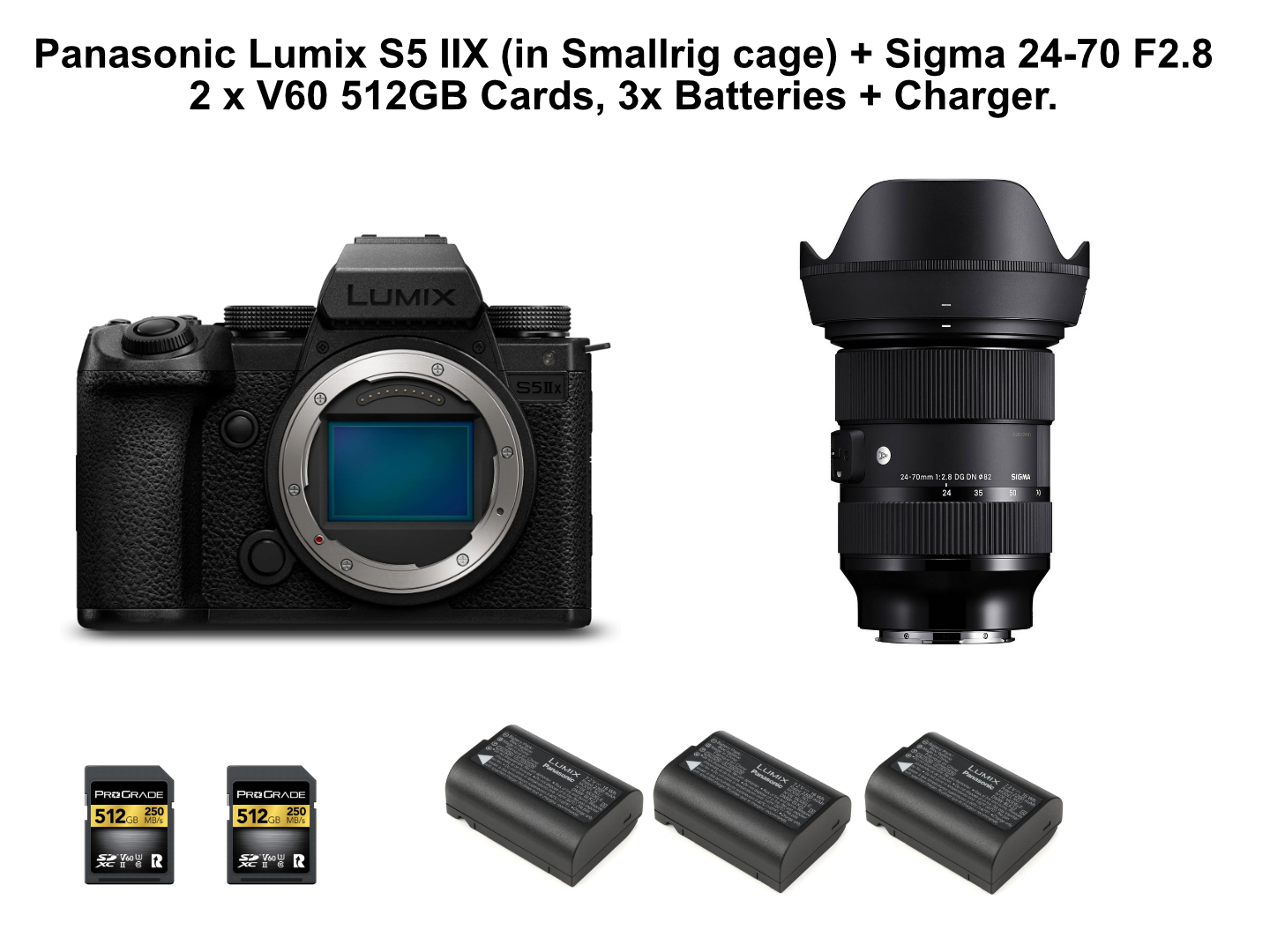 Panasonic lumix s5iix with sigma 24-70 f2.8 lens, 2x512gb cards & 3x batteries