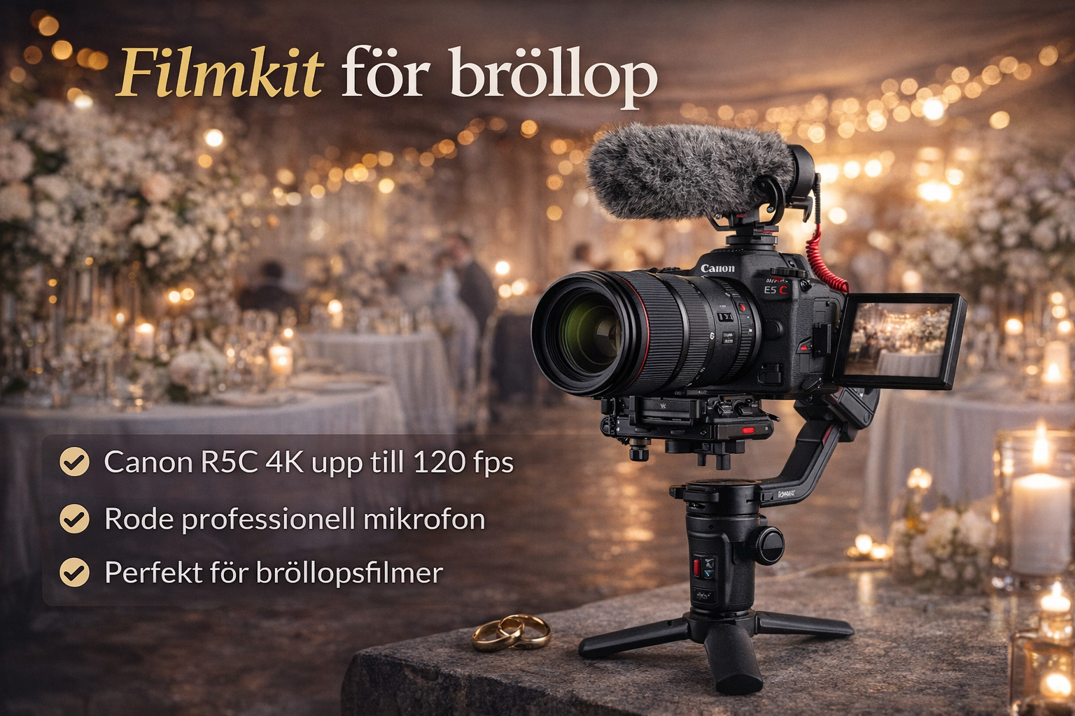 Filmkamera för bröllop: canon r5 ii + objektiv + mikrofon