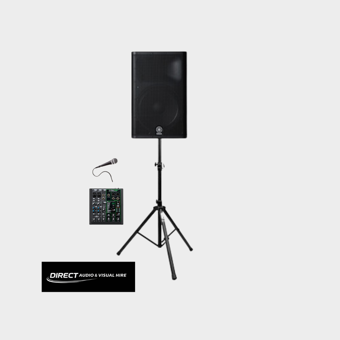 X1 active speaker 15" (1,500-2,000 watts),  x1 speaker stand, x mixer, x1 wired microphone, x1 aux cable, x1 rca cable