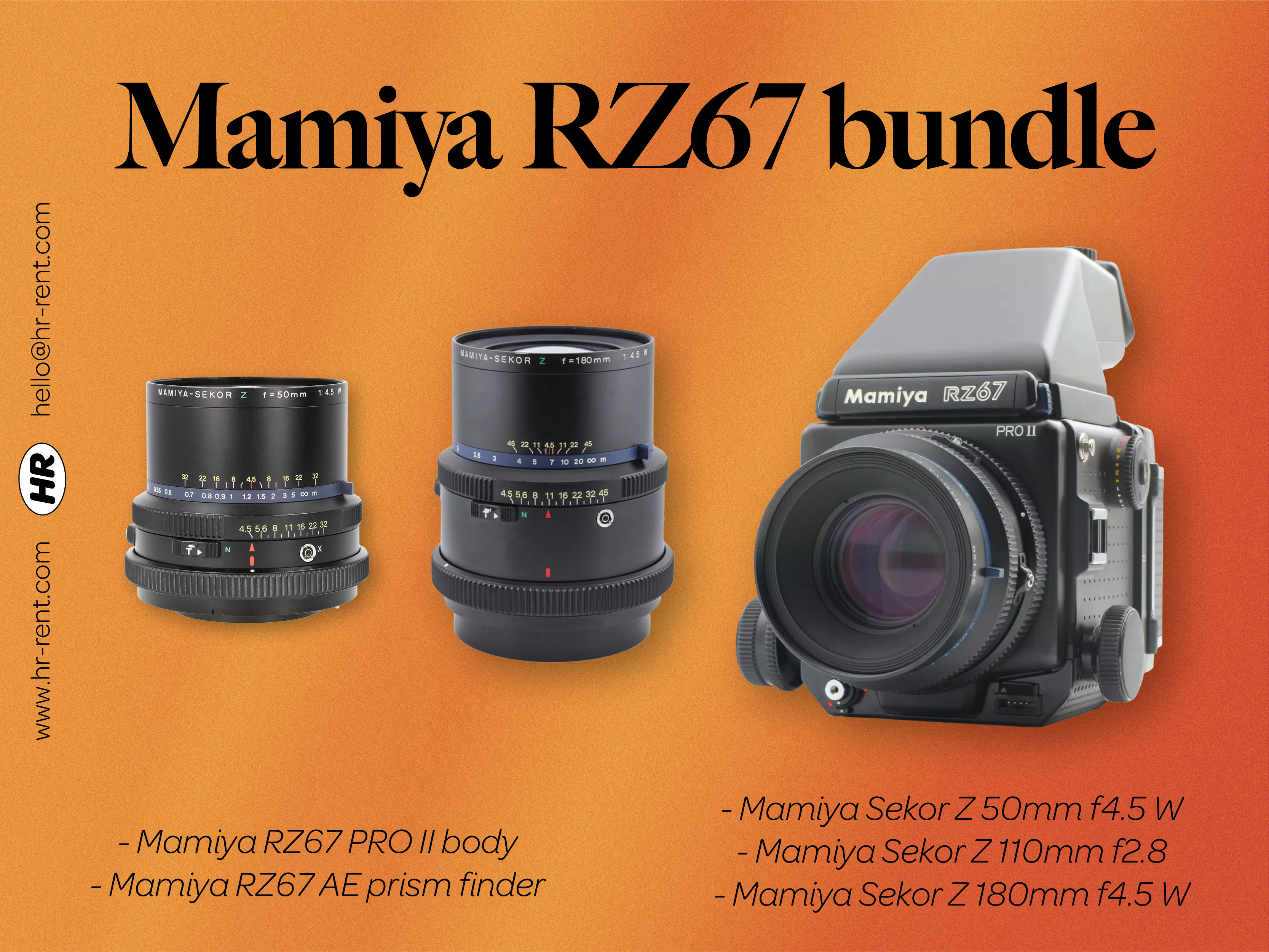 Mamiya rz67 pro ii body + sekor z  50mm f4.5 w + 110mm f2.8 + sekor z 180mm f4.5 w lenses