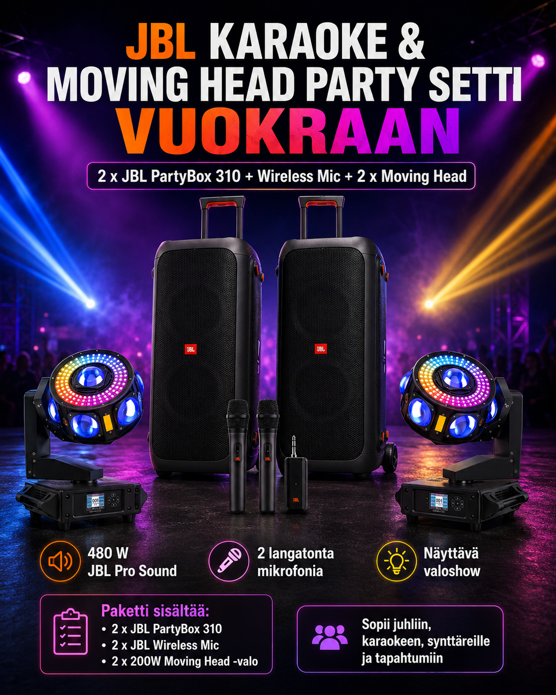 🎤🔊🌈✨ jbl karaoke & moving head party setti vuokraan ✨🌈🔊🎤