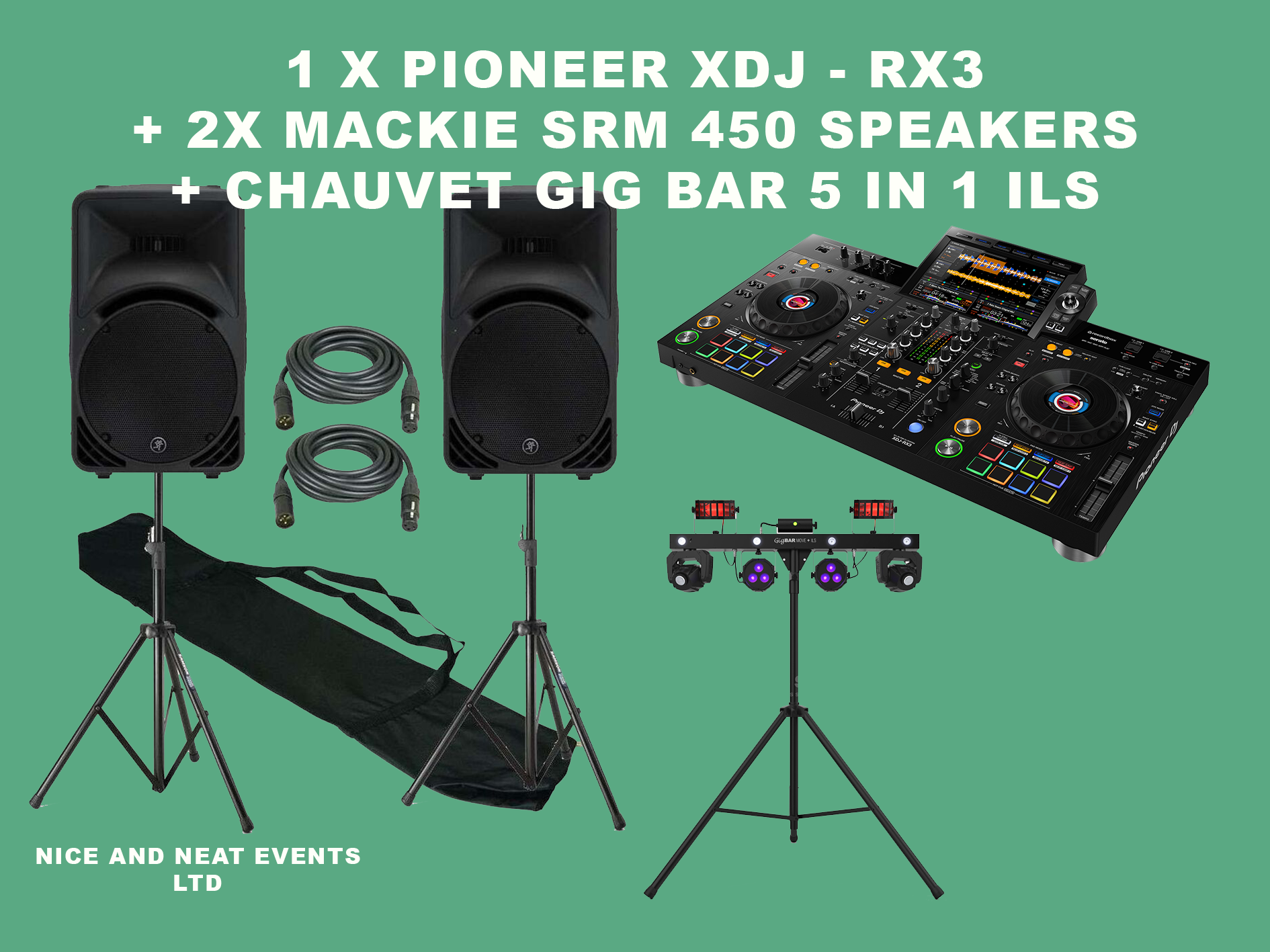 Pioneer xdj rx3 + 2 x mackie speaker tops (450 v3 + chauvet gig bar 5 in 1 lighting system + yamaha mg12xu mixer + 2 shure wireless microphones
