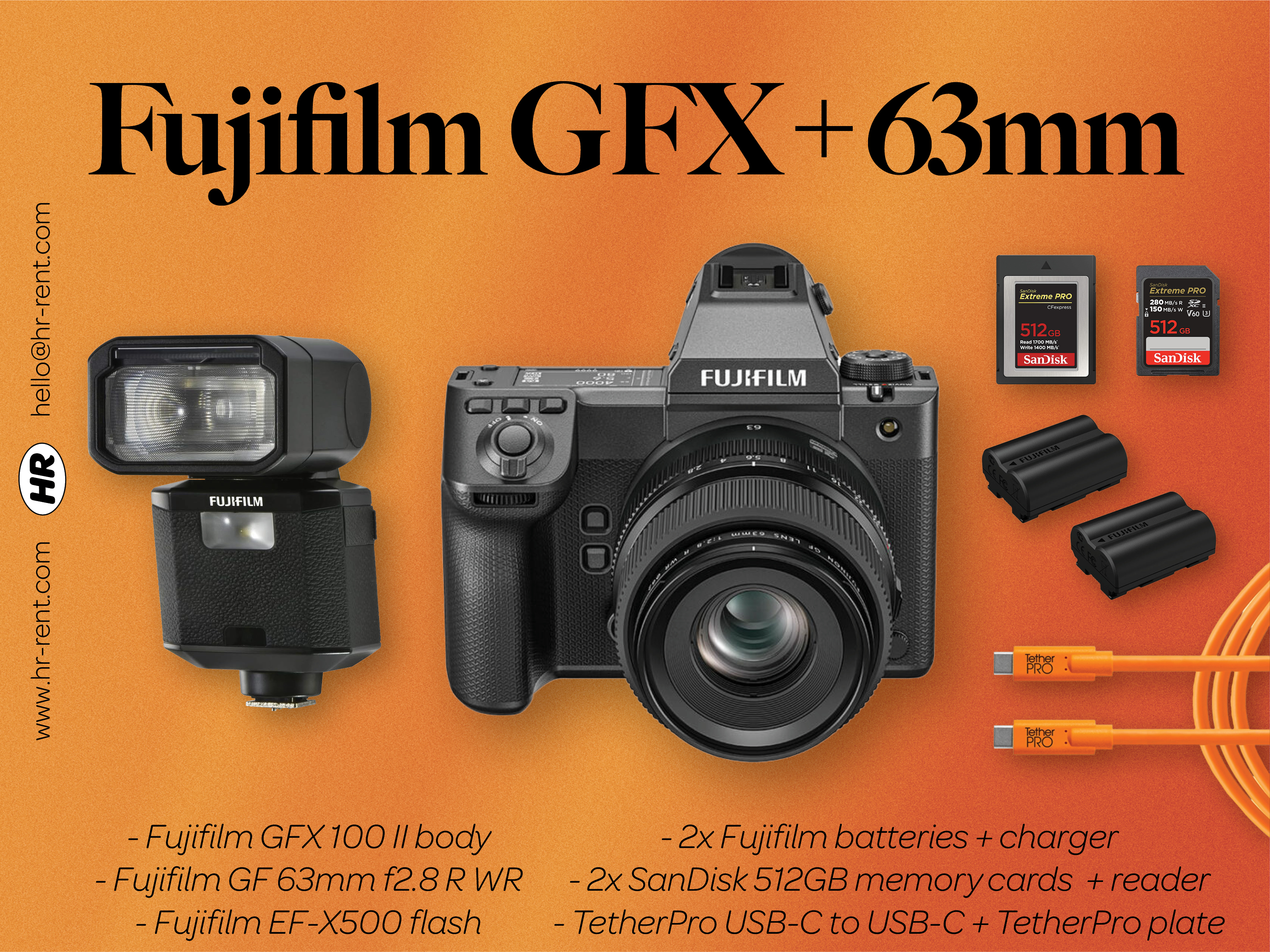 Fuji fujifilm gfx 100 ii medium format + gf 63mm f2.8 + ef-x500 flash