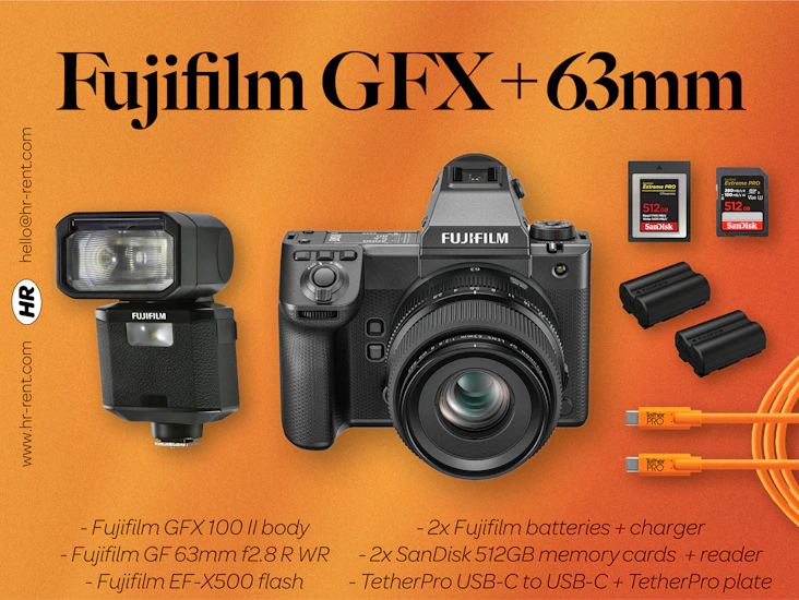 Fuji fujifilm gfx 100 ii medium format + gf 63mm f2.8 + ef-x500 flash