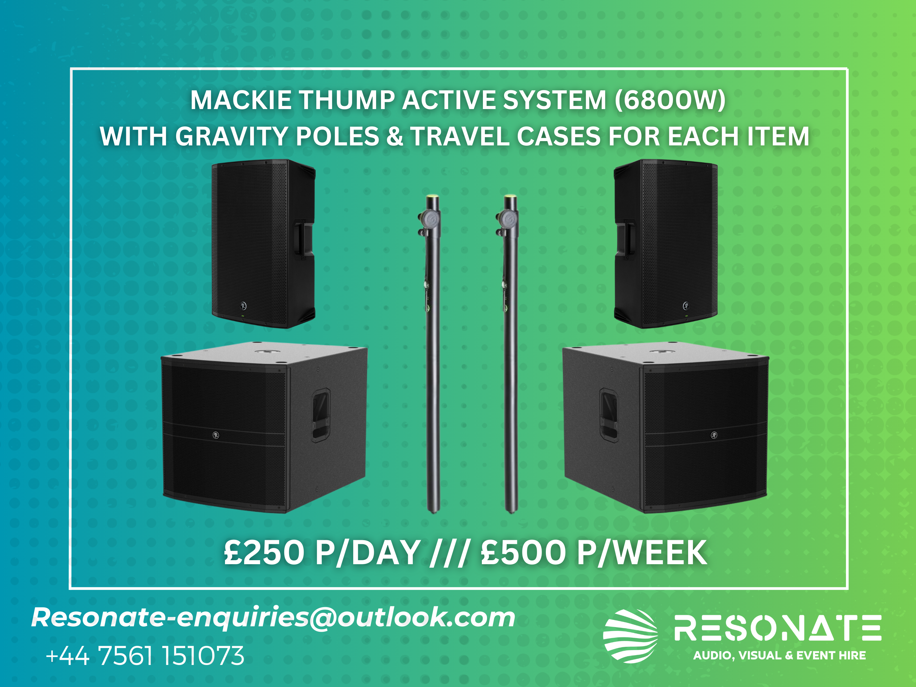 Mackie thump active system (6800w)  with gravity poles & travel cases for each item