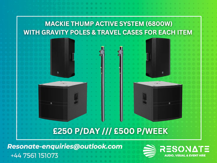 Mackie thump active system (6800w) with gravity poles & travel cases for each item