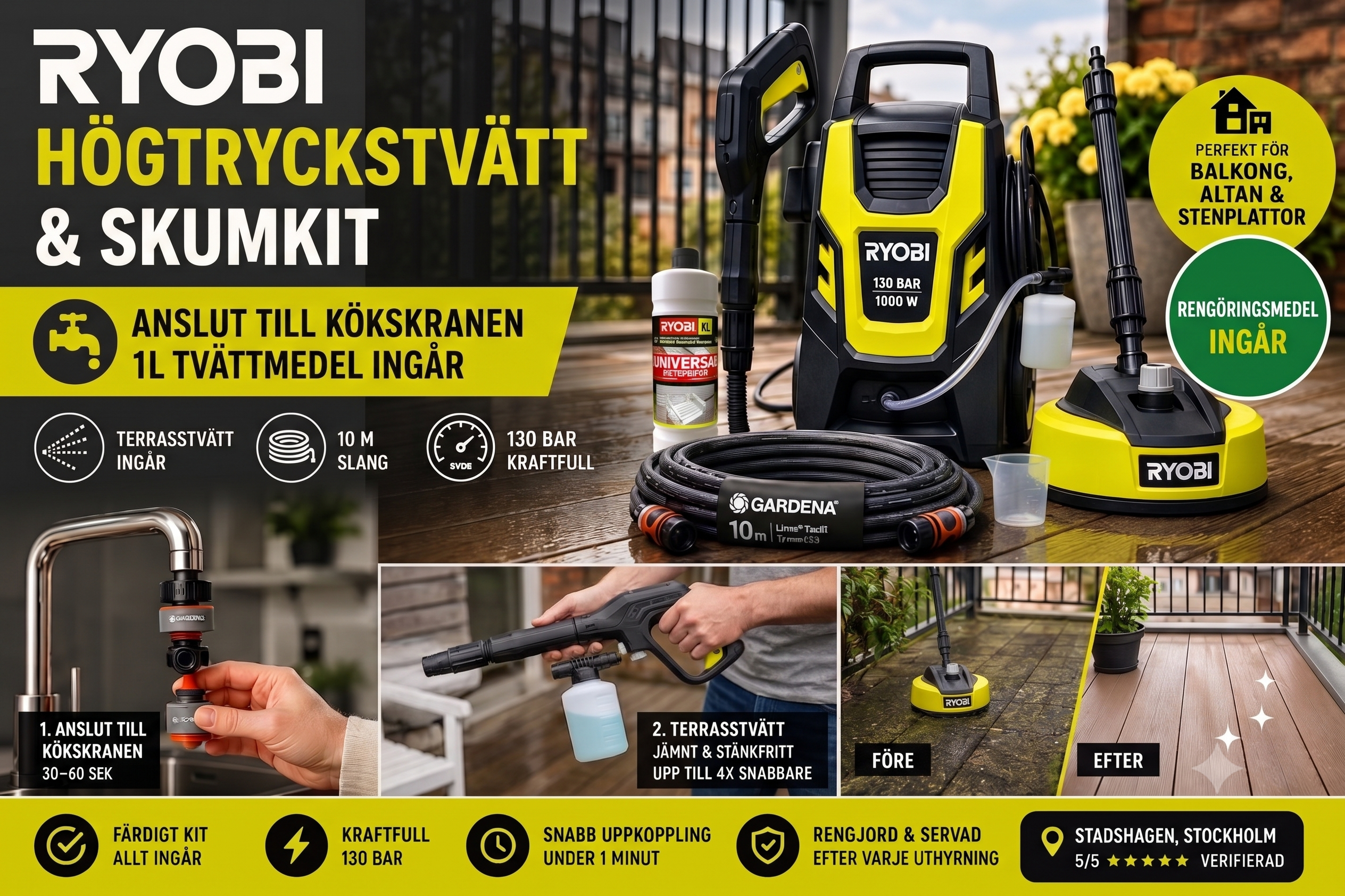 Ryobi högtryckstvätt / pressure washer – kitchen tap & detergent included / tvättmedel ingår!