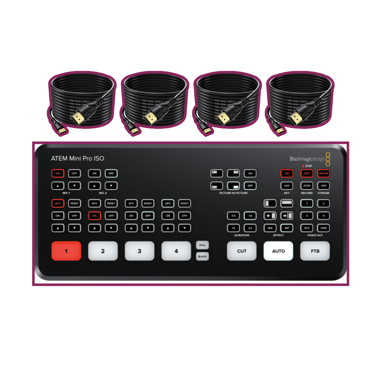 Blackmagic atem mini pro iso switcher  + 4x 10m hdmi flypack