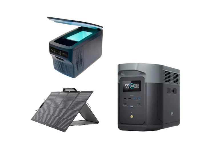 Komplett kit med ecoflow batteri, solcellepanel og kjøleboks.