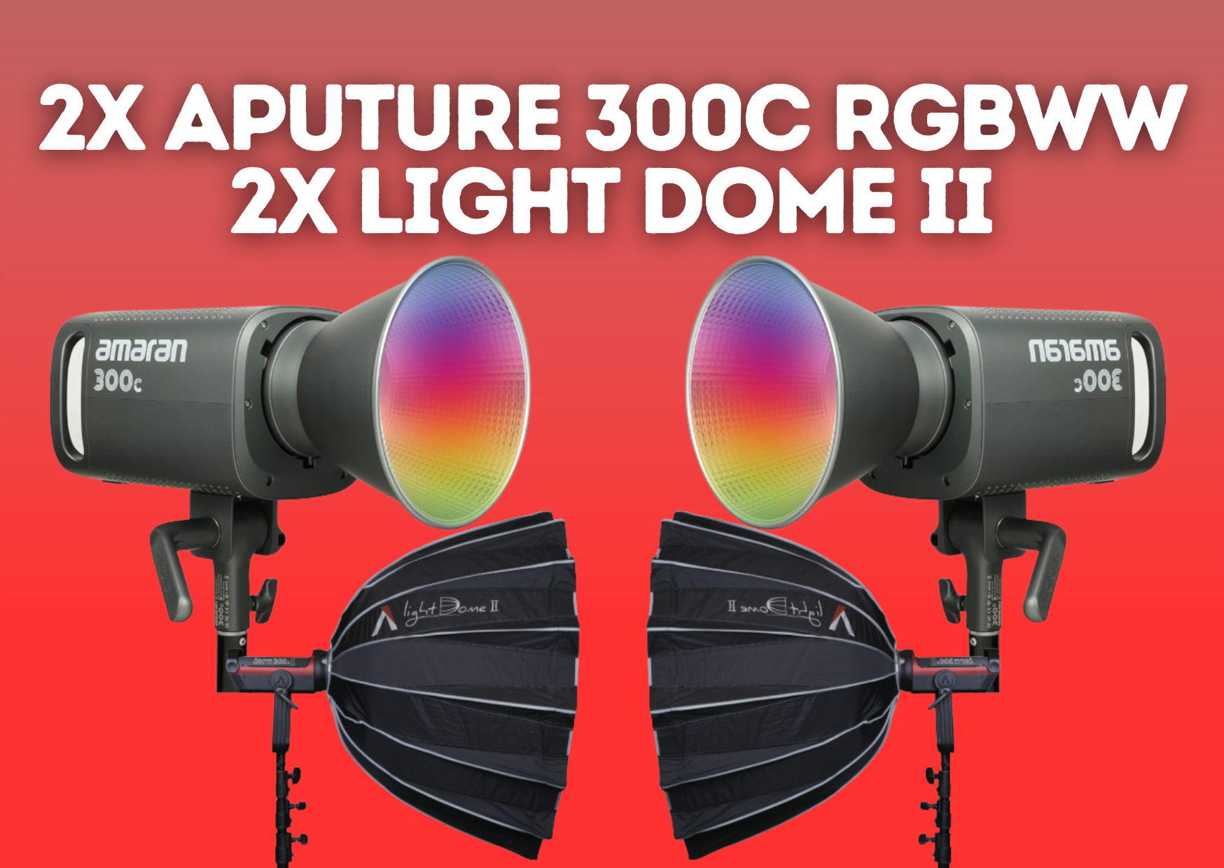 2x aputure amaran 300c + 2x light dome ii rgbww cob led video continuous lighting 300w cct 2500k-7500k bowens mount point-source led 26,580