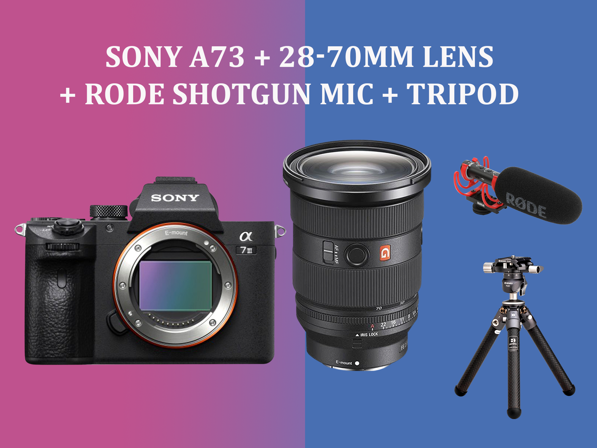 Sony a73 a7iii + 28-70mm lens + rode shotgun mic + tripod