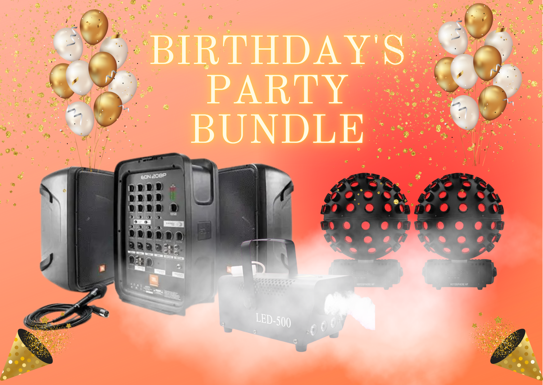Birthday party kit bundle jbl speakers + 2x chauvet rotosphere lights + smoke machine