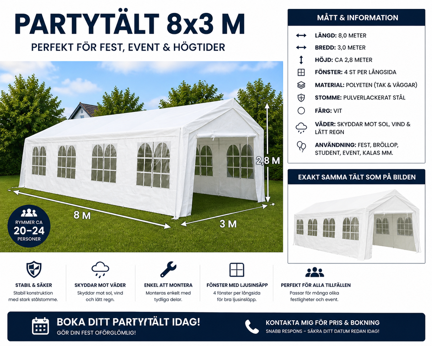 Partytält 8x3 uthyres - perfekt för student, fest & kalas