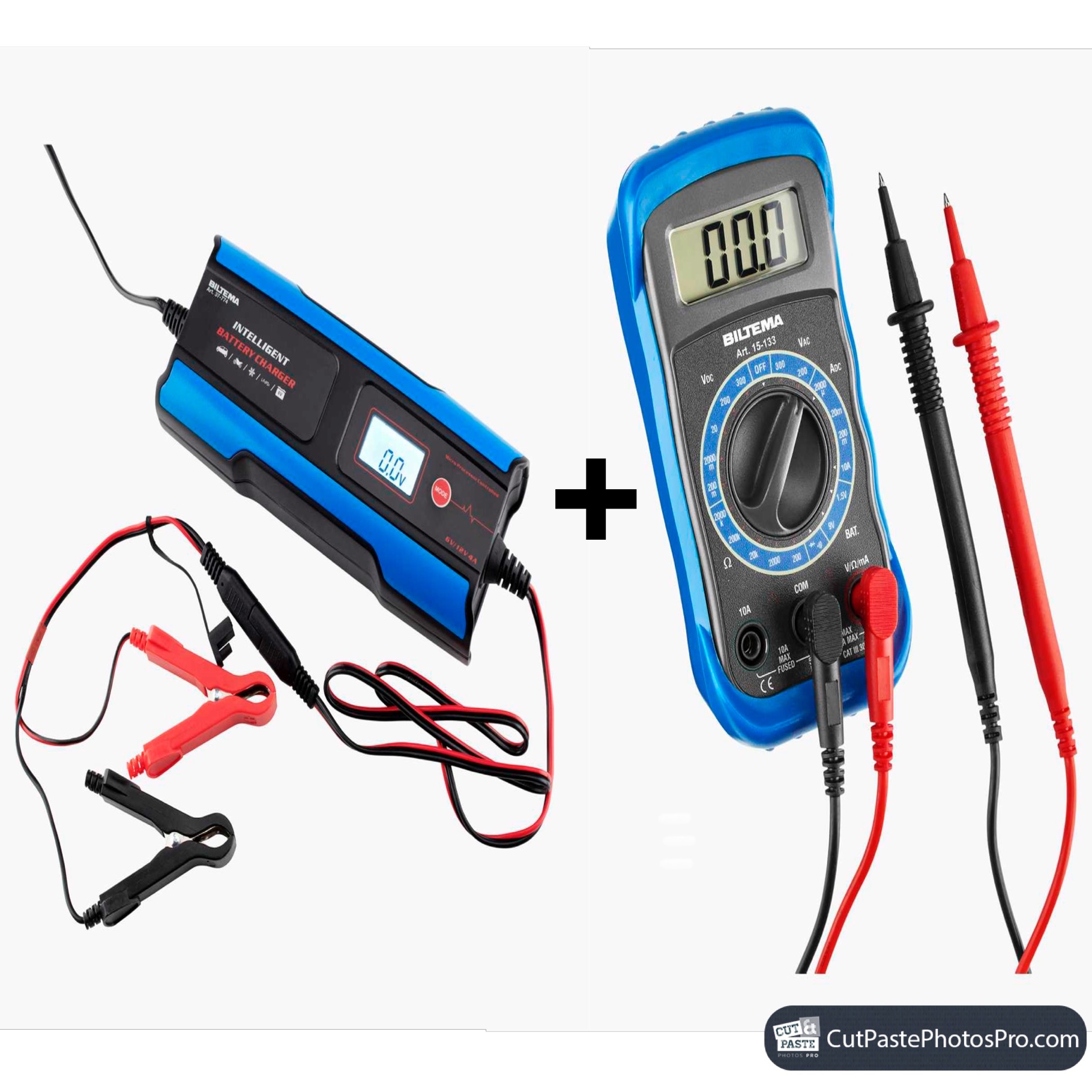 Batteriladdare 6 v, 2 a/12 v, 4 a och multimeter