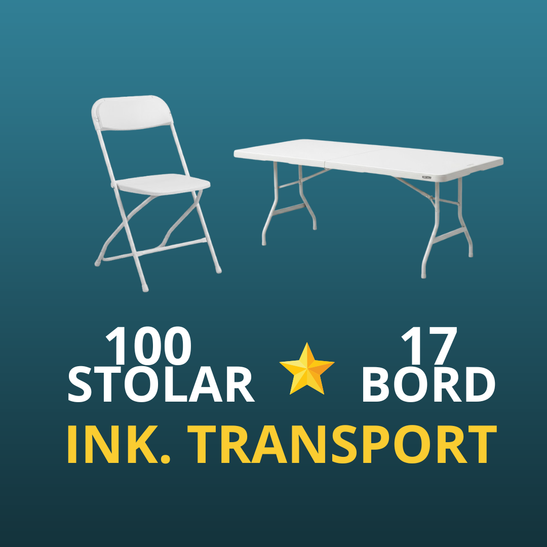 17 fällbord  med 100 vita/svarta klappstolar - paketpris ⭐ (inklusive transport)