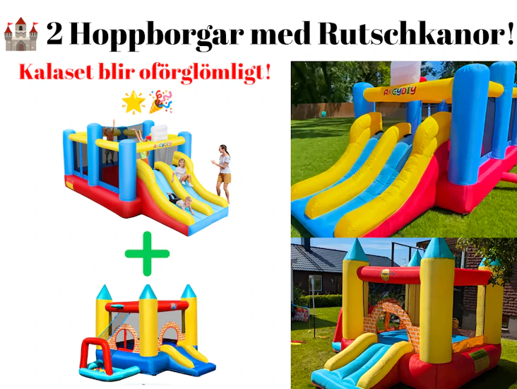 🎪 hyr 2 färgglada hoppborgar – dubbel glädje till barnkalaset! 🏰🎈