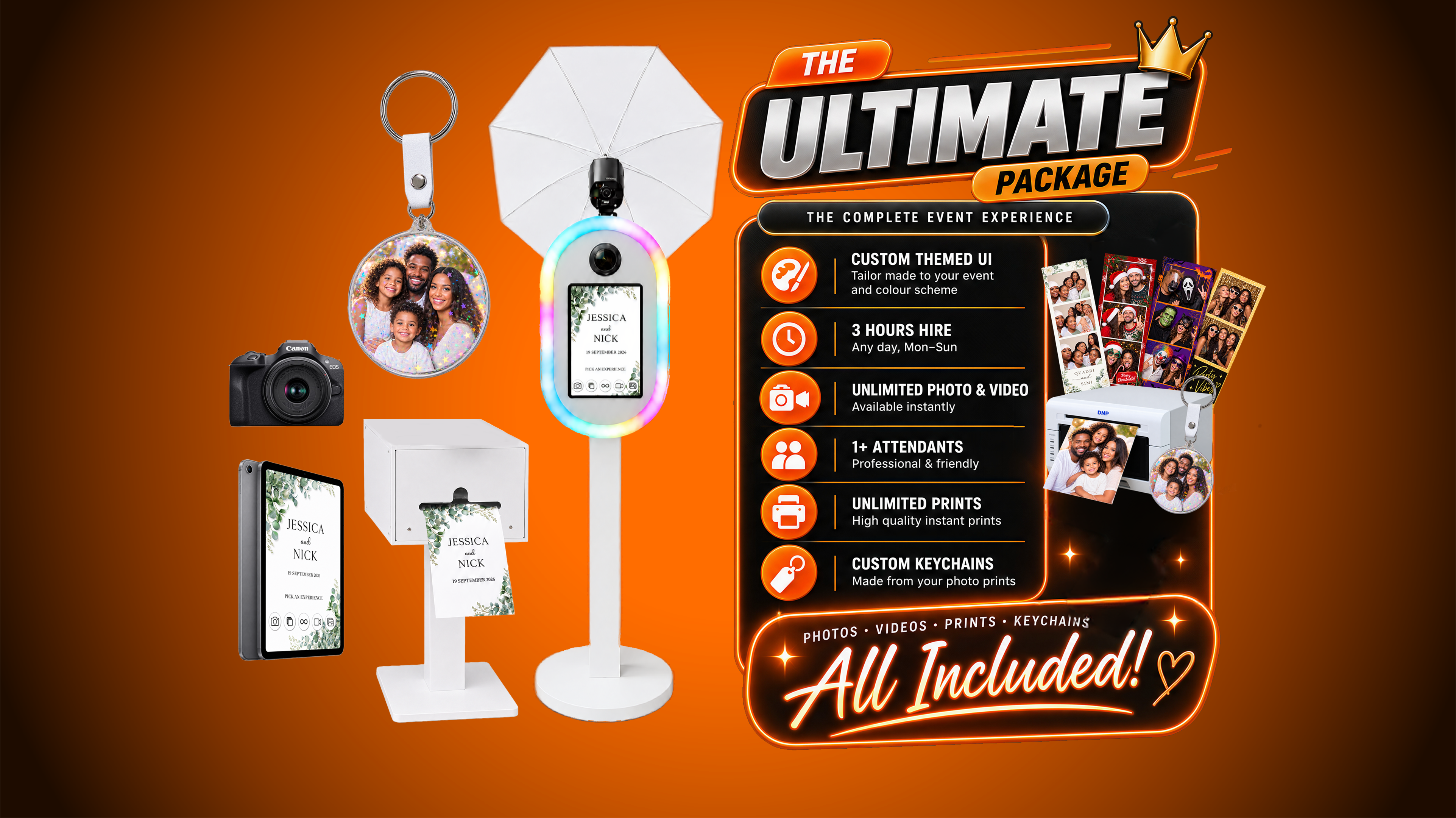 Photobooth ultimate package with custom keychain for hire dslr mirrorless ipad 