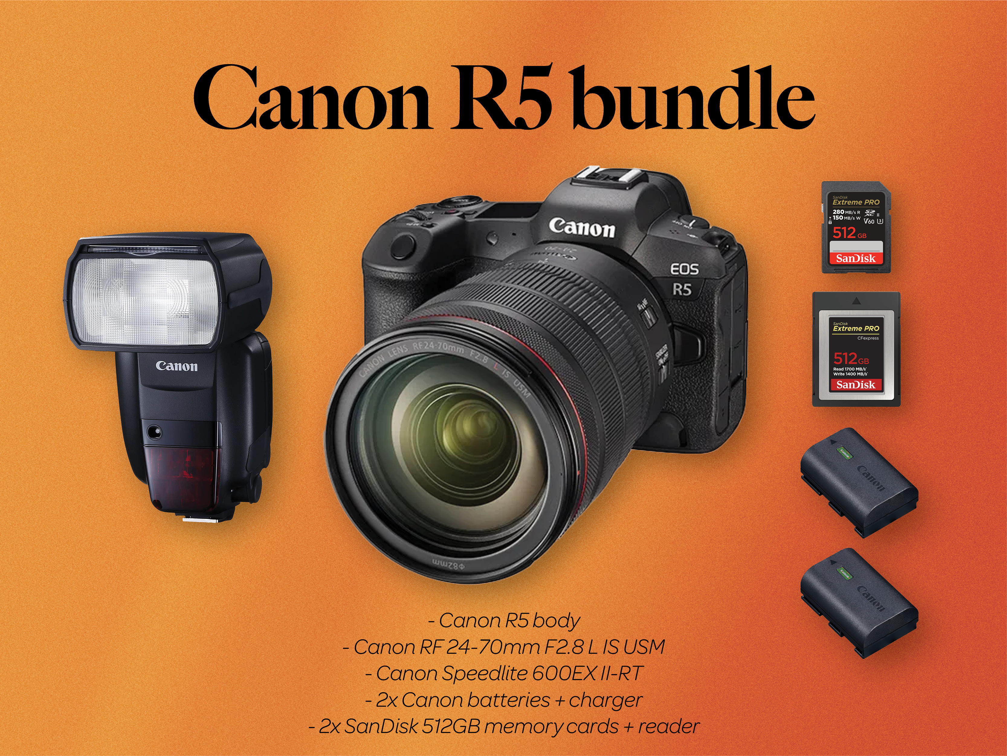 Canon r5 body + rf 24-70mm f2.8 lens + canon flash speedlite 600ex ii-rt 