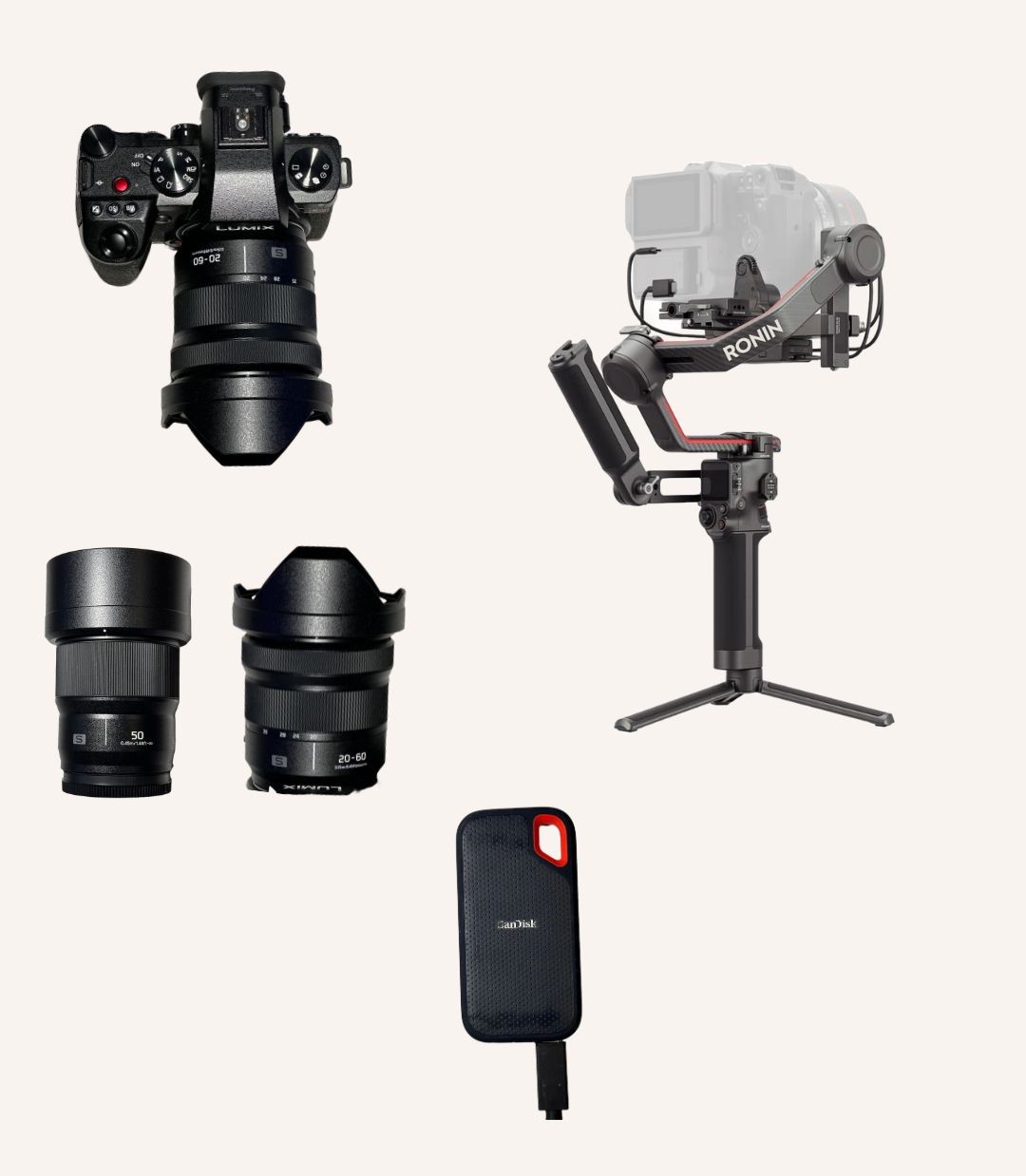  video kit: dji ronin 3 pro + panasonic lumix s5 ii + two lenses